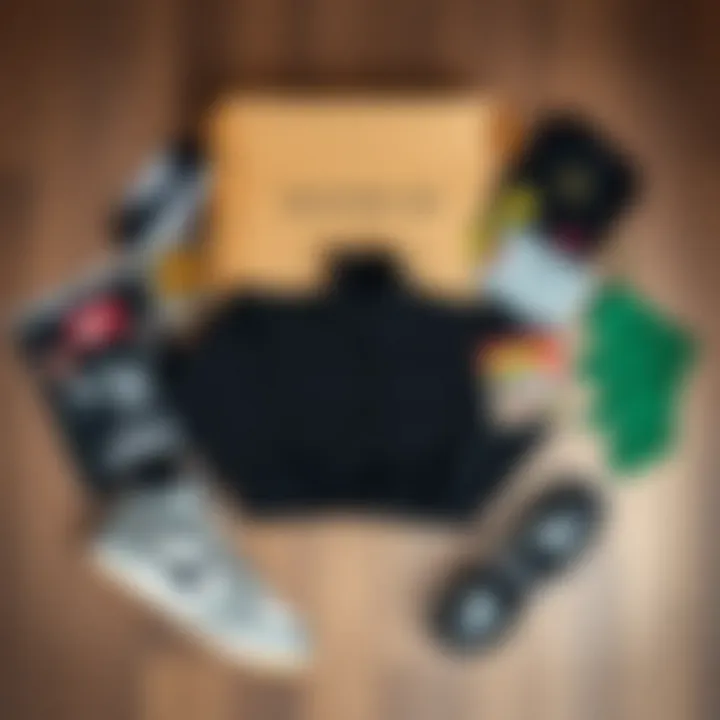 Trendy Skate Apparel from Mystery Boxes A stylish flat lay of mystery box contents highlighting trendy skate apparel.