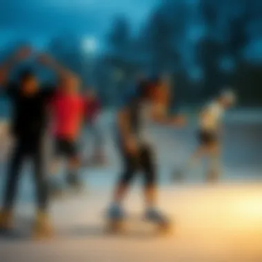 Skateboarding Techniques in Action A diverse group of skateboarders practicing techniques at a skate park
