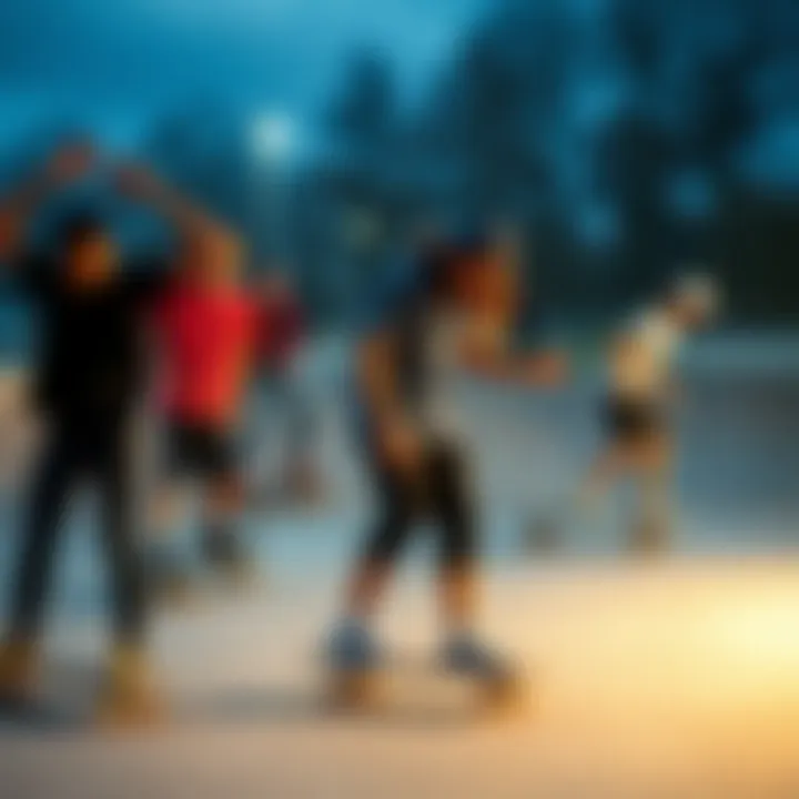 Skateboarding Techniques in Action A diverse group of skateboarders practicing techniques at a skate park