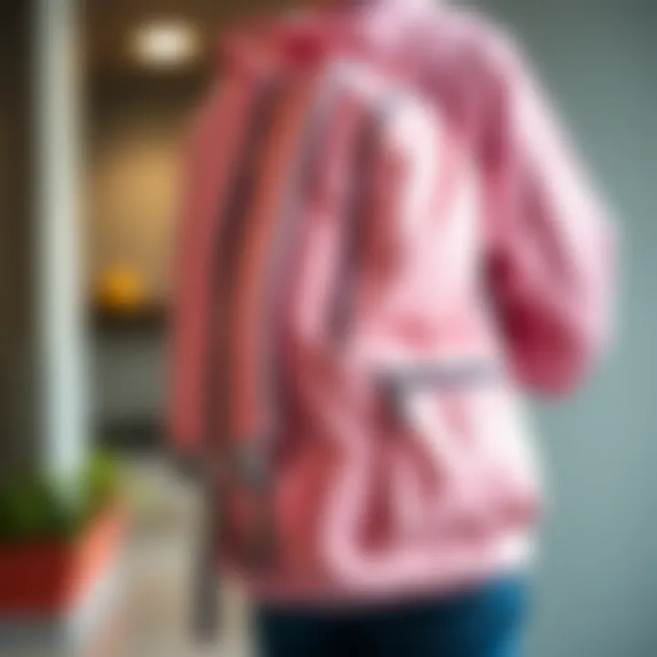 Design Attributes of the Pastel Pink Backpack Close-up of the pastel pink backpack showcasing its stylish design and durability