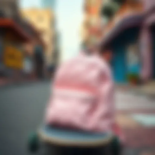 Aesthetic Appeal of the Pastel Pink Backpack Pastel pink backpack resting against a skateboard on a colorful street