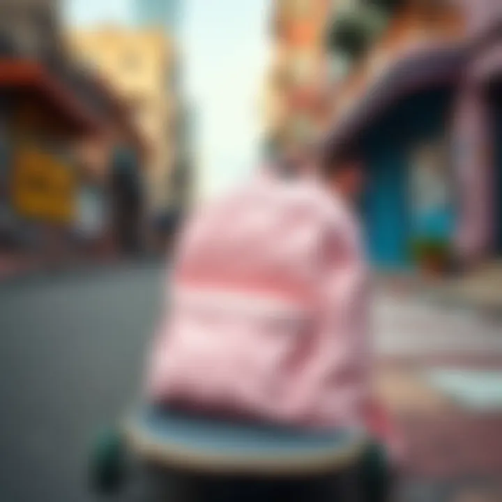 Aesthetic Appeal of the Pastel Pink Backpack Pastel pink backpack resting against a skateboard on a colorful street