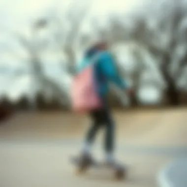 Functional Use of the Pastel Pink Backpack in Action Skater using the pastel pink backpack while performing tricks at a skate park