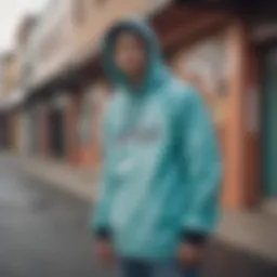 A skateboarder wearing a Ripndip windbreaker in an urban setting showcasing streetwear style