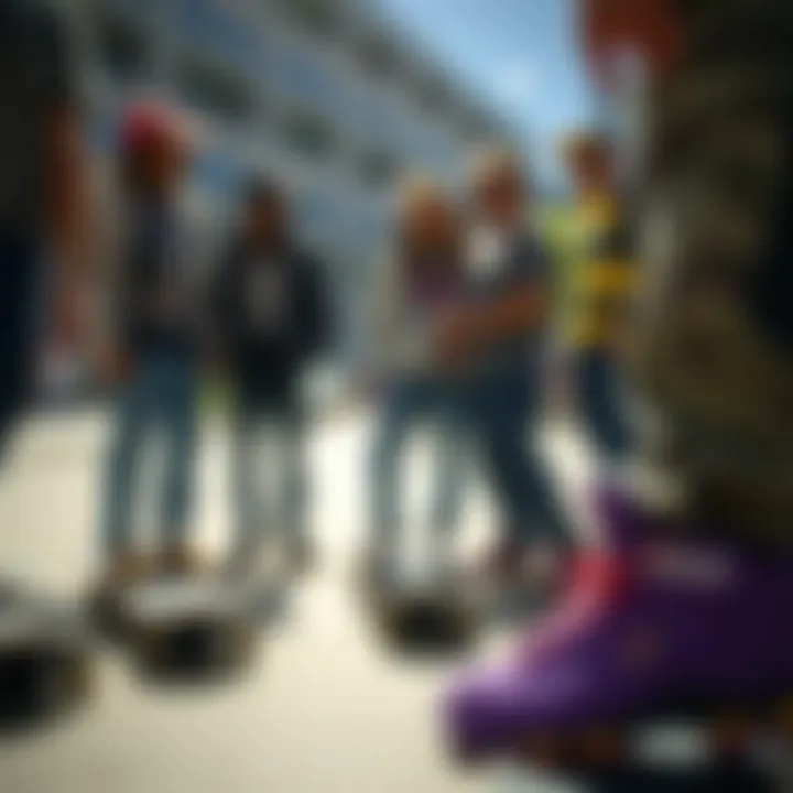 Cultural Exchange on Skate Fashion Trends Group of skateboarders discussing fashion trends with purple shoes in focus