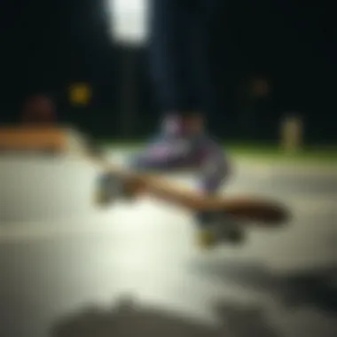 Performance of Purple Fila Shoes in Skateboarding Skateboarder wearing purple Fila shoes during a trick