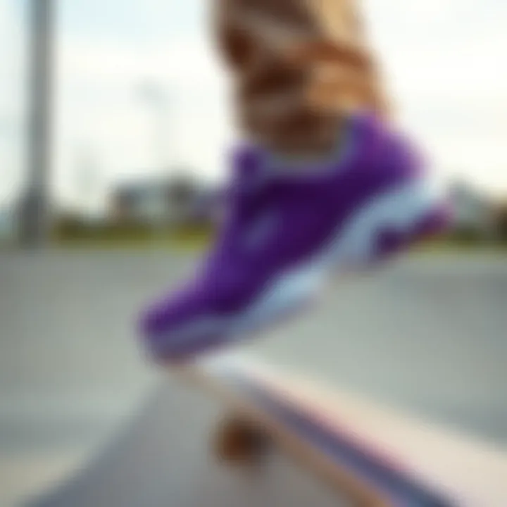 Purple Fila Shoes in Action at Skate Park Vibrant purple Fila shoes showcased on a skate park ramp
