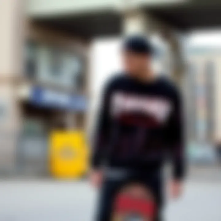 Thrasher Sweater in Urban Skate Culture Skateboarder wearing a Thrasher sweater in an urban setting