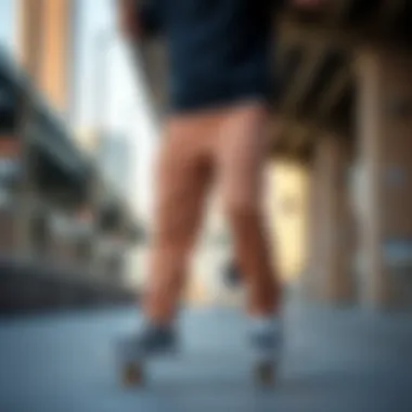 Skateboarder in Vans Chino Pants in Urban Setting Skateboarder wearing Vans chino pants in an urban environment