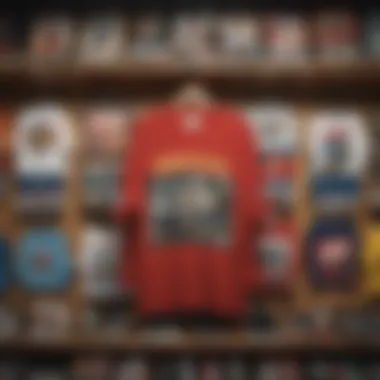 A nostalgic display of skate culture memorabilia including shirts