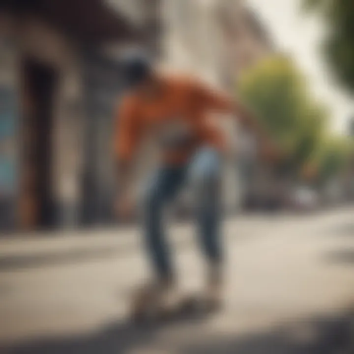 A skateboarder wearing a vintage skate shirt in action