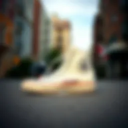 Classic white high-top Converse sneakers on a vibrant urban background