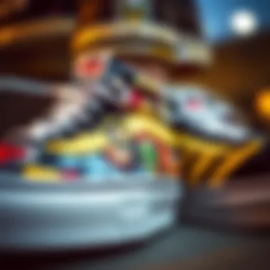 Close-up of skateboarding shoes featuring X Men characters