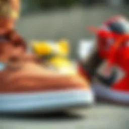 A close-up view of youth skate shoes showcasing intricate design elements and textures.