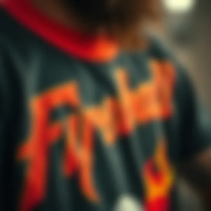 Fabric and Print Details of Fireball Tee Shirts A detailed shot of fabric textures and prints on Fireball tee shirts