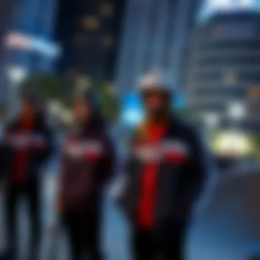 Fila Jackets in the Heart of Skate Culture Skaters wearing Fila jackets in an urban skate park, emphasizing style and functionality.