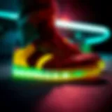 A close-up of luminous shoe materials glowing under low light