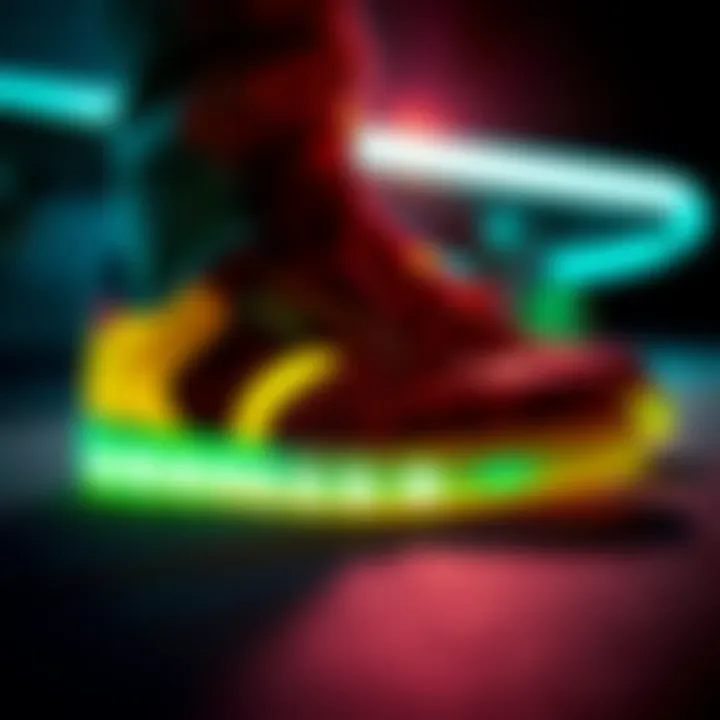 A close-up of luminous shoe materials glowing under low light