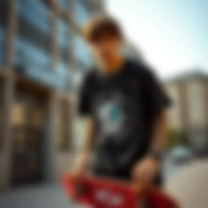 Skateboarder Embracing Graphic Identity A skateboarder wearing a graphic tee in an urban setting