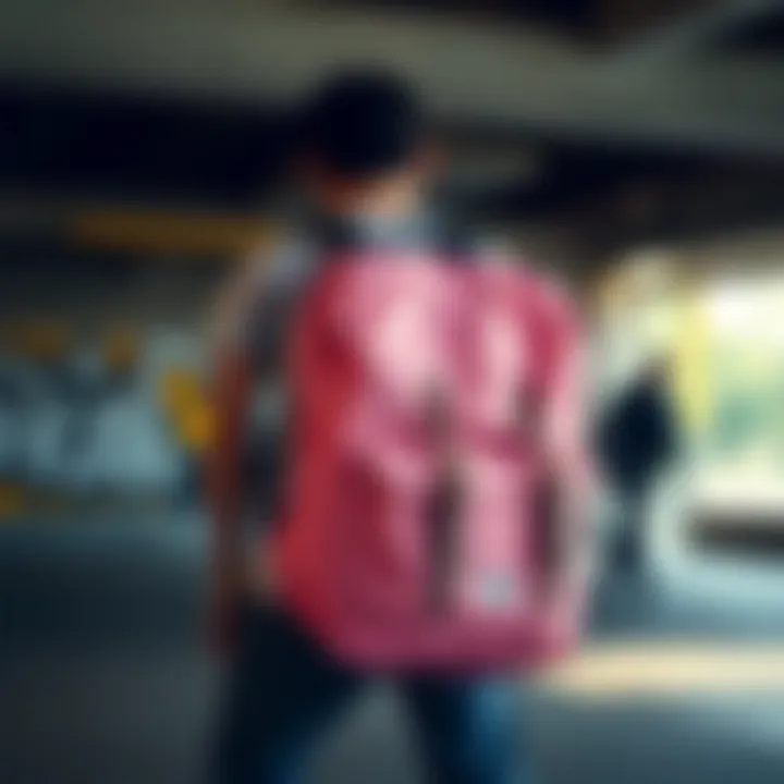 Herschel Light Pink Backpack in Skateboarding Environment Herschel light pink backpack in a skateboarding environment