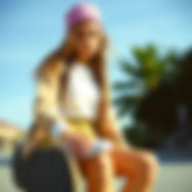 A fashionable skateboarder showcasing her outfit with white Vans