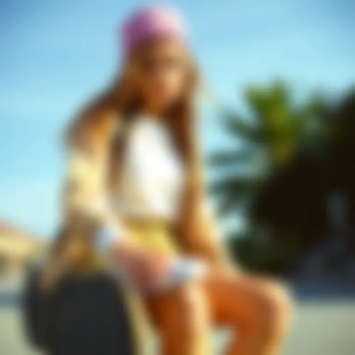 A fashionable skateboarder showcasing her outfit with white Vans