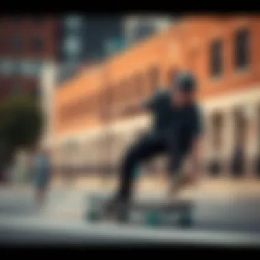 Freestyle Riding on the Landyachtz Longboard Action shot of a rider performing tricks on a Landyachtz freestyle longboard in an urban setting.