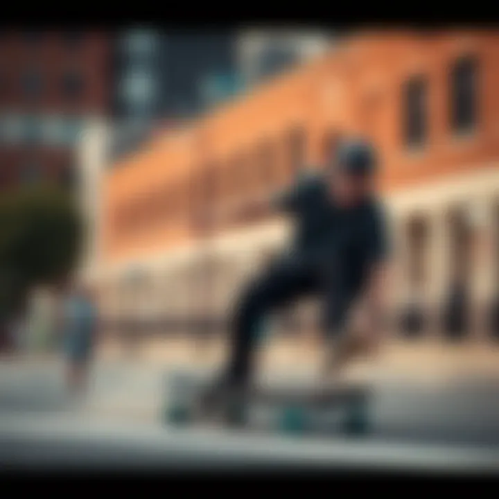 Freestyle Riding on the Landyachtz Longboard Action shot of a rider performing tricks on a Landyachtz freestyle longboard in an urban setting.