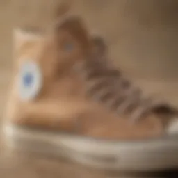 Close-up of light brown Converse shoes showcasing texture and design