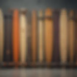 Different types of complete longboards displayed side by side