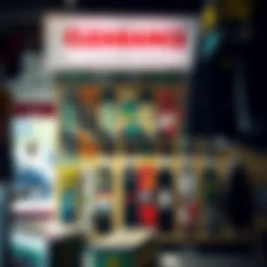 Skateboard shop showcasing clearance signage