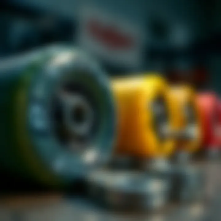 Close-up of skateboard wheels and bearings on sale