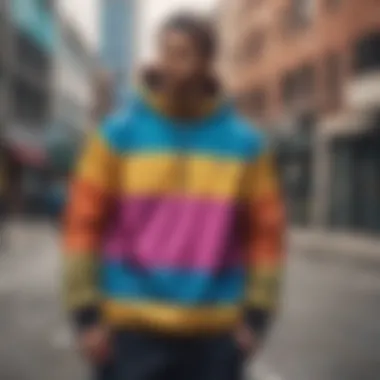 Urban Skateboarder in Multicolor Windbreaker Vibrant multicolor windbreaker worn by a skateboarder in an urban setting.