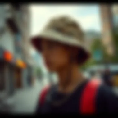 A stylish bucket hat showcased in an urban landscape