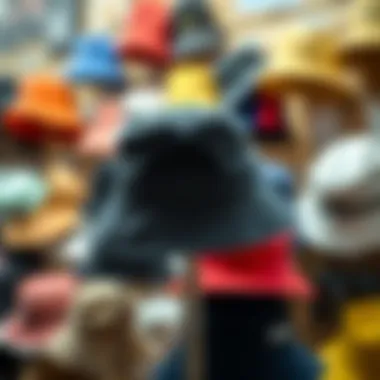 Variety of bucket hats displayed in a retail setting