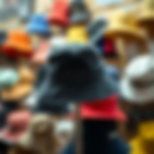 Variety of bucket hats displayed in a retail setting