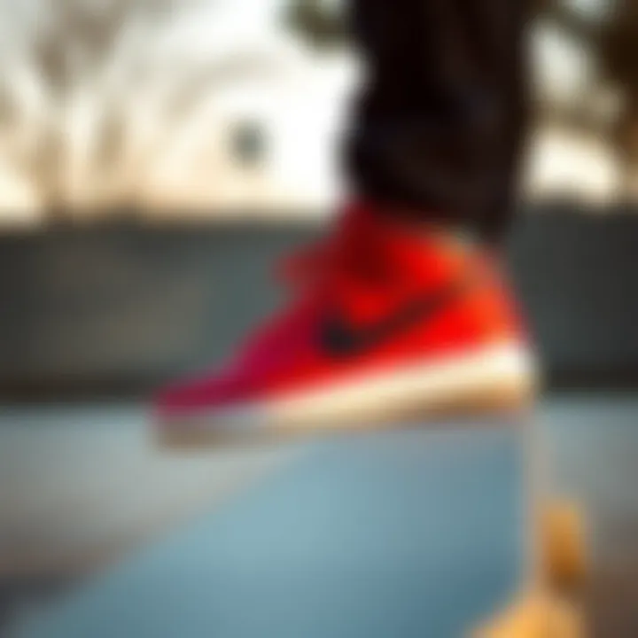 Side profile of Nike Court Vision Mid Red on a skateboard