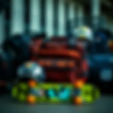 A collection of Nixon bags displayed with skateboarding gear.