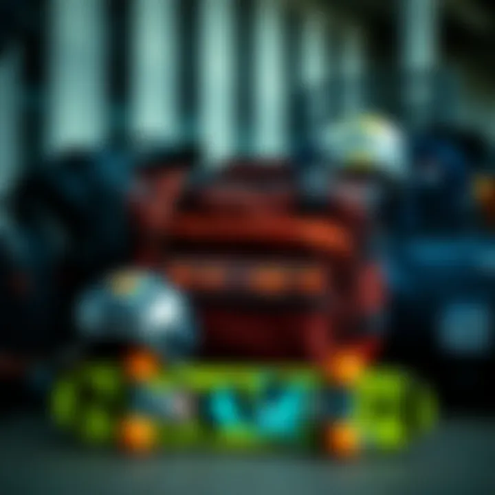 A collection of Nixon bags displayed with skateboarding gear.