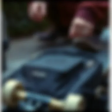 Detailed view of functional features of a Nixon bag tailored for skaters.