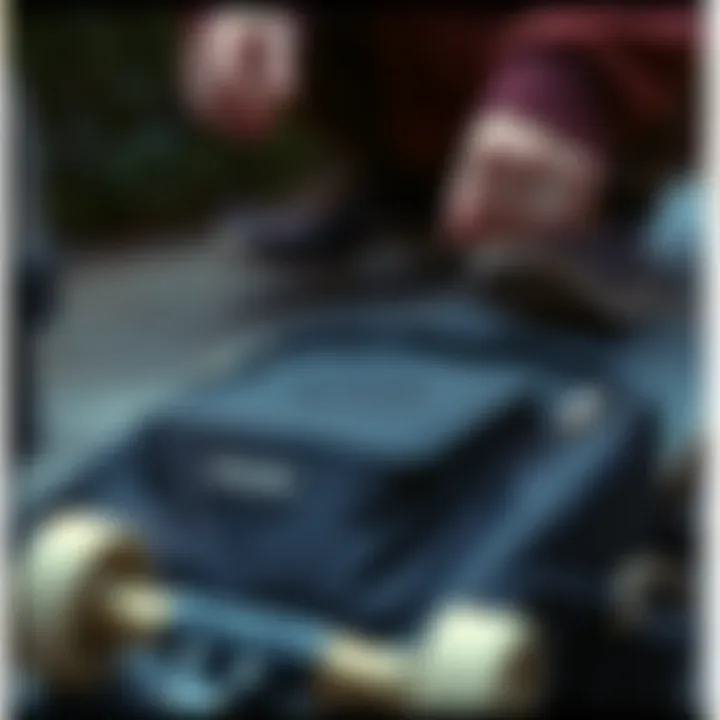 Detailed view of functional features of a Nixon bag tailored for skaters.