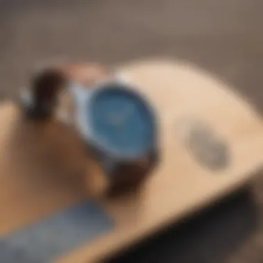 The Nixon Santa Cruz watch displayed on a skateboard in an urban setting.