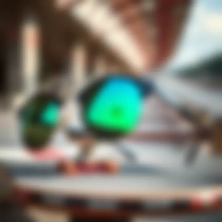 Stylish polarized circle sunglasses on a skateboard