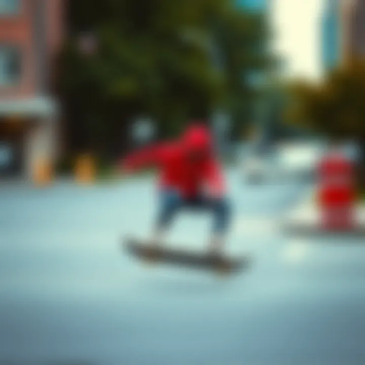 Skateboarder in Red Hoodie Mid-Action Skateboarder sporting a red hoodie mid-action on the street