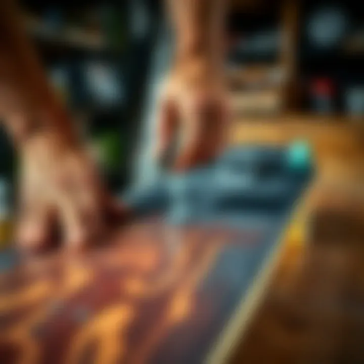 Applying Grip Tape on Restored Skateboard Deck Skater applying grip tape on a freshly restored deck