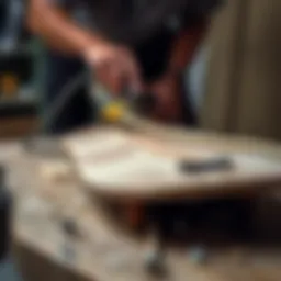 Skateboard deck being sanded for restoration