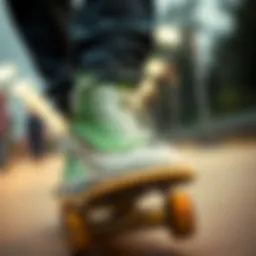 Stylish sage green hightop Converse on a skateboard