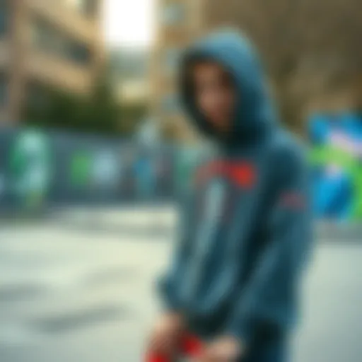 Urban Style with Scorpion Hoodie A skateboarder wearing a stylish scorpion hoodie in an urban setting