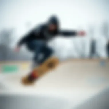 Action Shot of Skateboarder in Scorpion Hoodie A skateboarder performing a trick while wearing a scorpion hoodie in a skatepark