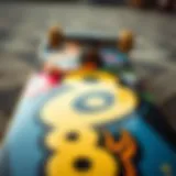 Close-up view of a size 8 skateboard deck showcasing its design and graphics